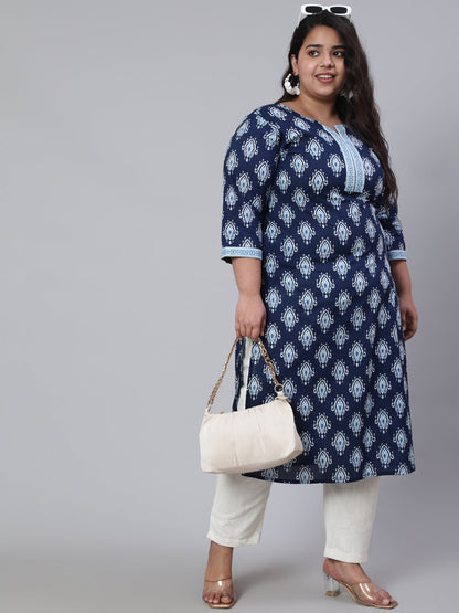 Plus Size Blue Printed Straight Kurta With Three Quarters Sleeves