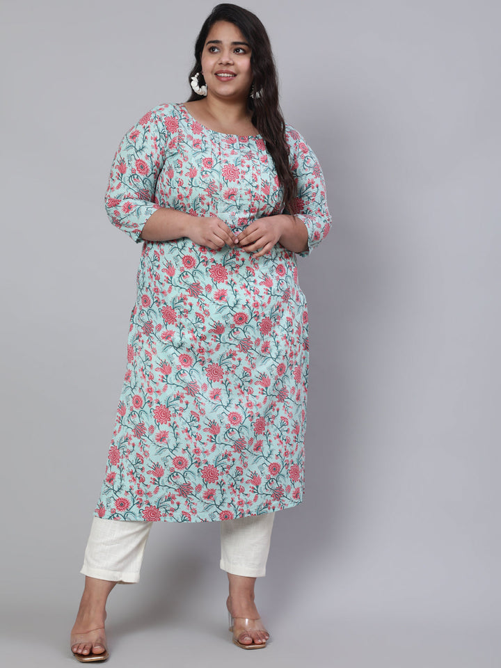 Plus Size Green Printed Straight Kurta With Three Quarters Sleeves