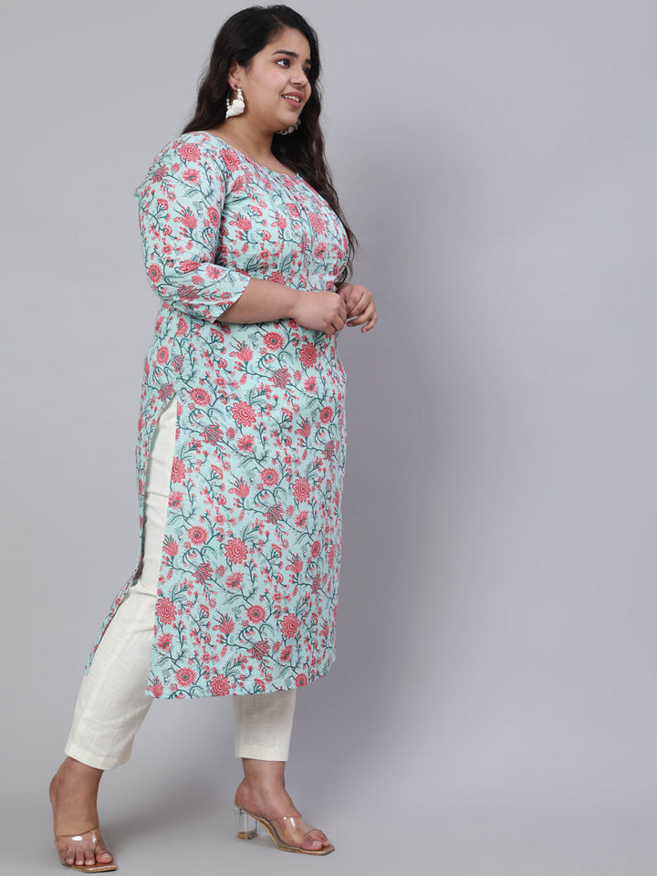 Plus Size Green Printed Straight Kurta With Three Quarters Sleeves