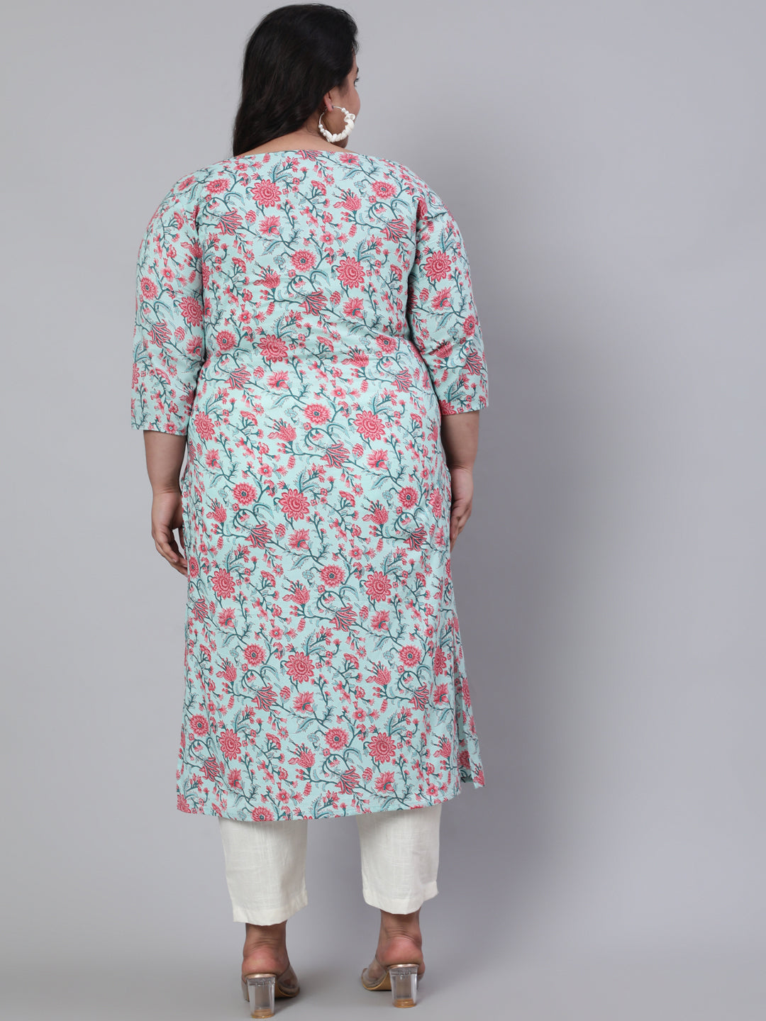 Plus Size Green Printed Straight Kurta With Three Quarters Sleeves