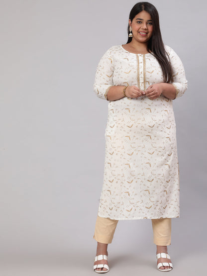 Plus Size Off White Printed Straight Kurta With Three Quarters Sleeves