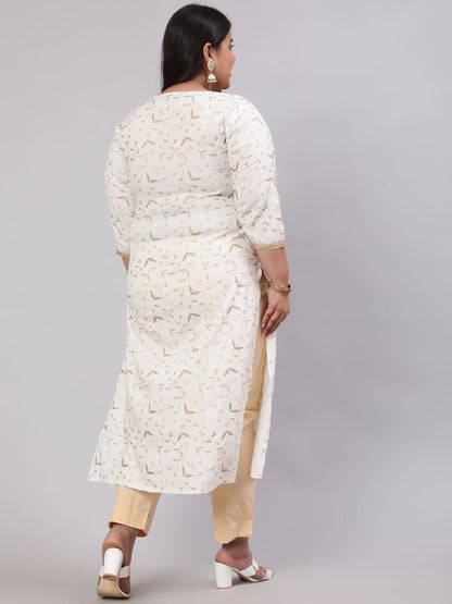 Plus Size Off White Printed Straight Kurta With Three Quarters Sleeves