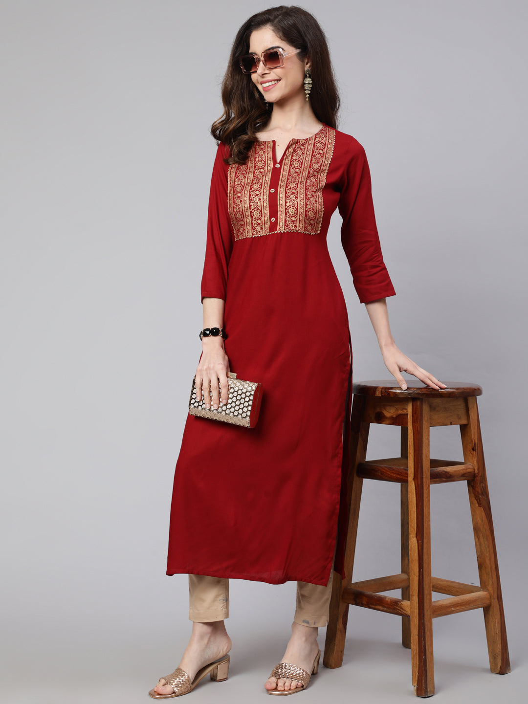 Maroon Printed Straight Kurta With Three Quarter Sleeves