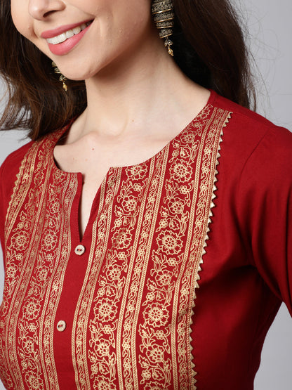 Maroon Printed Straight Kurta With Three Quarter Sleeves