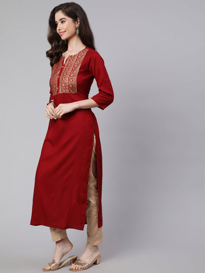 Maroon Printed Straight Kurta With Three Quarter Sleeves