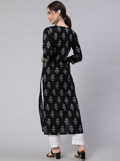 Black Printed Straight Kurta With Three Quarter Sleeves