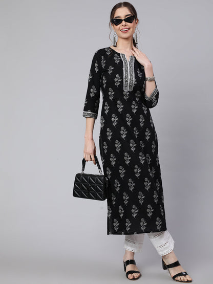 Black Printed Straight Kurta With Three Quarter Sleeves