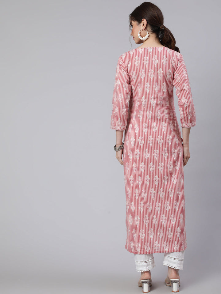 Pink Printed Straight Kurta With Three Quarter Sleeves