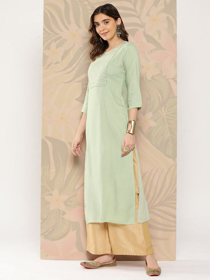 Green Embroidered Printed Straight Kurta With Three Quarter Sleeves