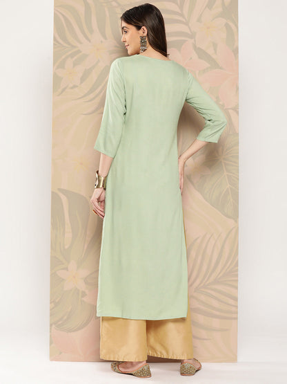 Green Embroidered Printed Straight Kurta With Three Quarter Sleeves