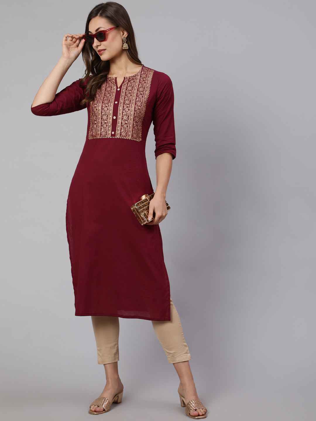 Burgundy Straight Kurta With Three Quarter Sleeves