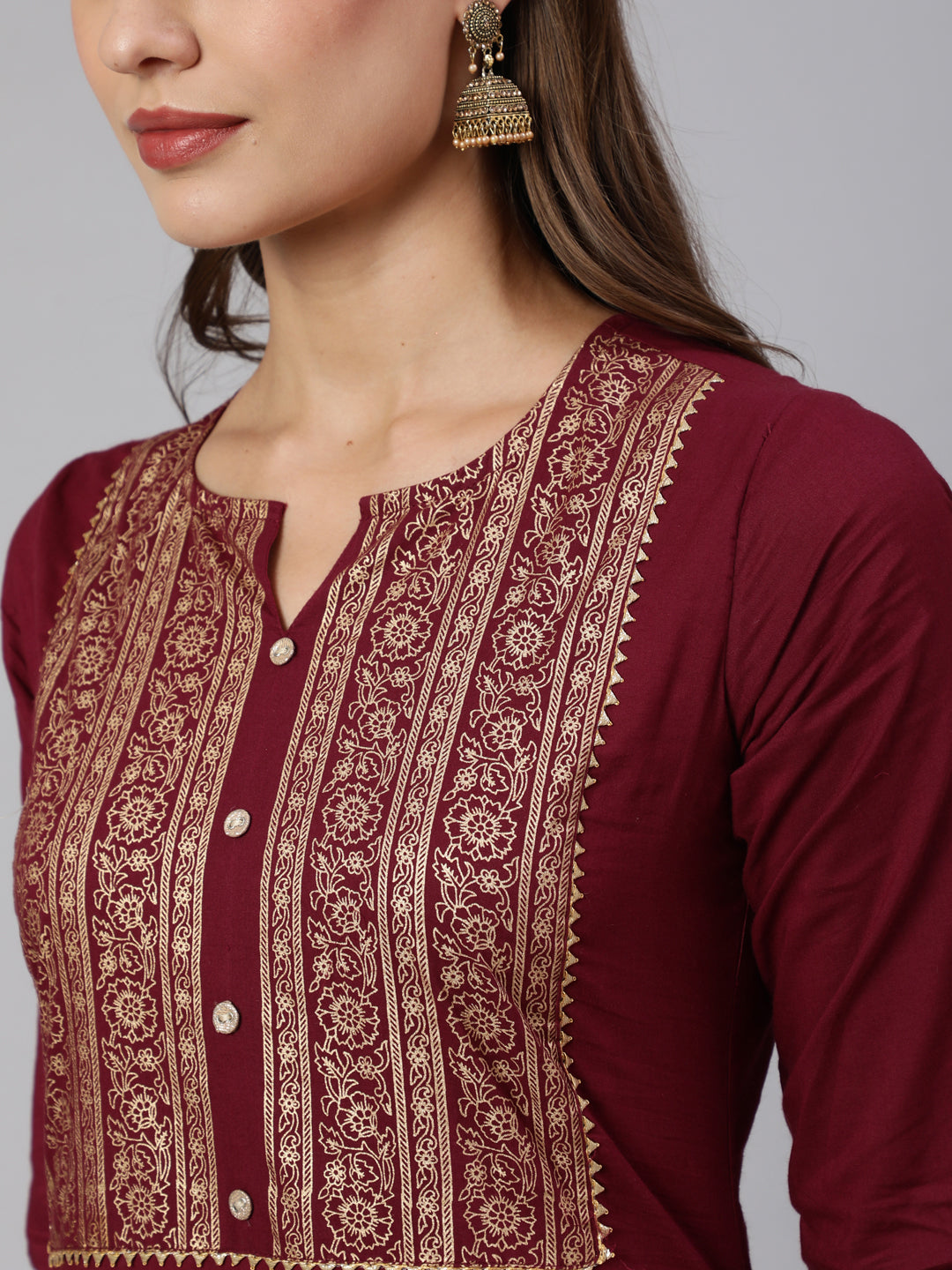 Burgundy Straight Kurta With Three Quarter Sleeves