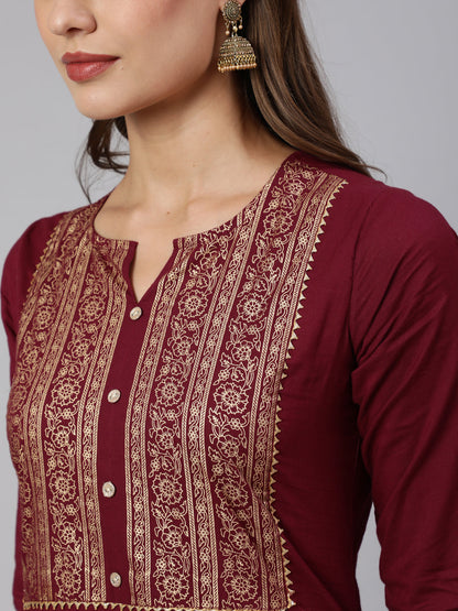 Burgundy Straight Kurta With Three Quarter Sleeves