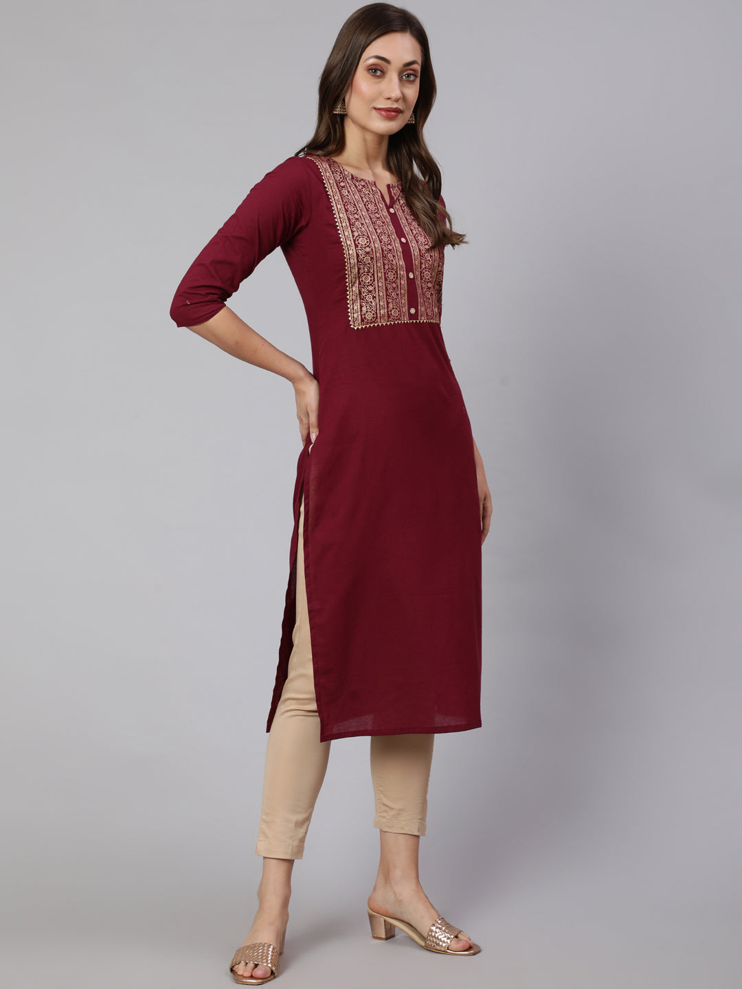 Burgundy Straight Kurta With Three Quarter Sleeves