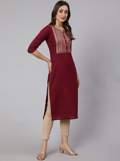 Burgundy Straight Kurta With Three Quarter Sleeves