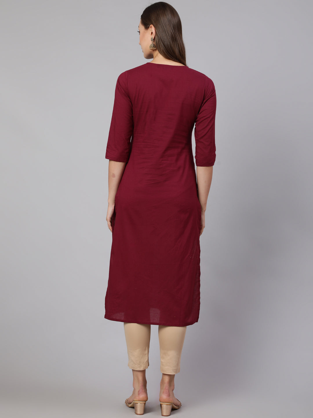 Burgundy Straight Kurta With Three Quarter Sleeves