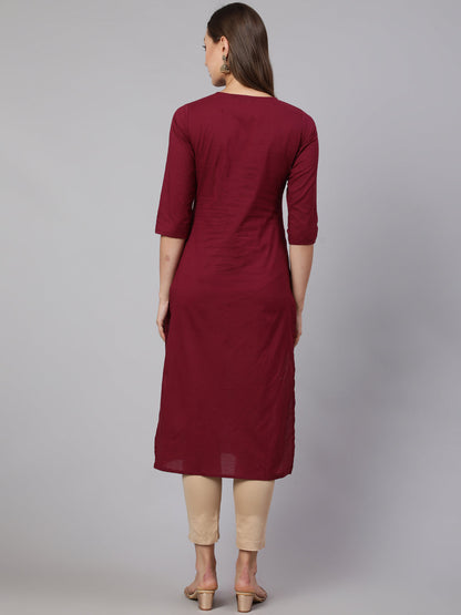 Burgundy Straight Kurta With Three Quarter Sleeves