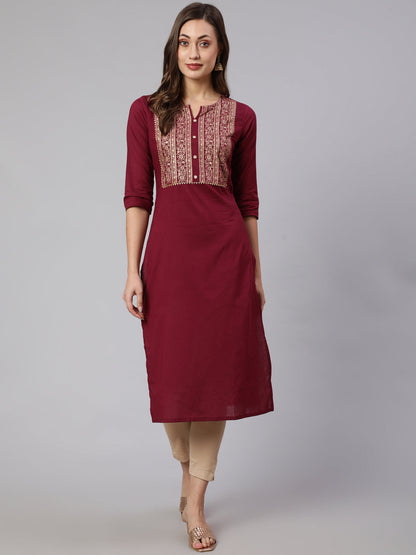 Burgundy Straight Kurta With Three Quarter Sleeves