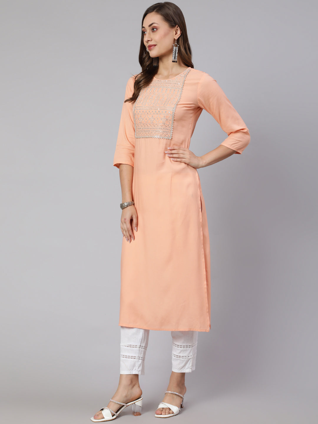 Peach Embroidered Straight Kurta With Three Quarter Sleeves