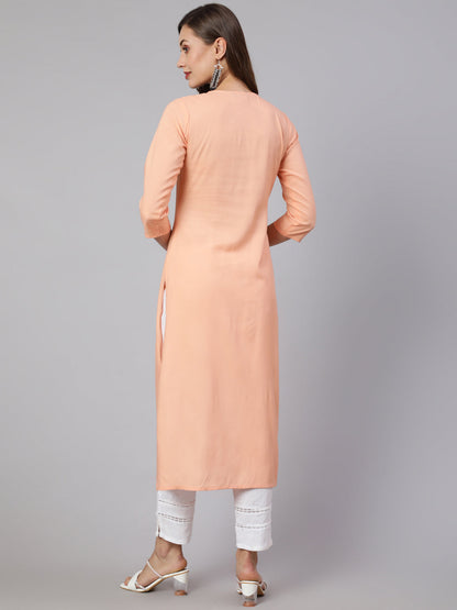 Peach Embroidered Straight Kurta With Three Quarter Sleeves