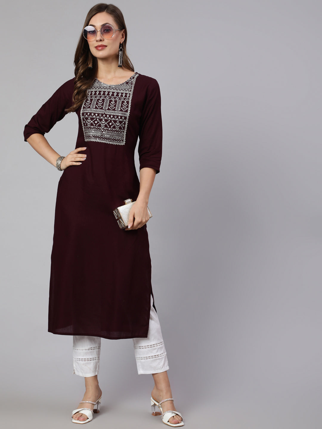 Burgundy Embroidered Straight Kurta With Three Quarter Sleeves