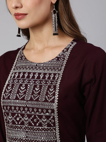 Burgundy Embroidered Straight Kurta With Three Quarter Sleeves