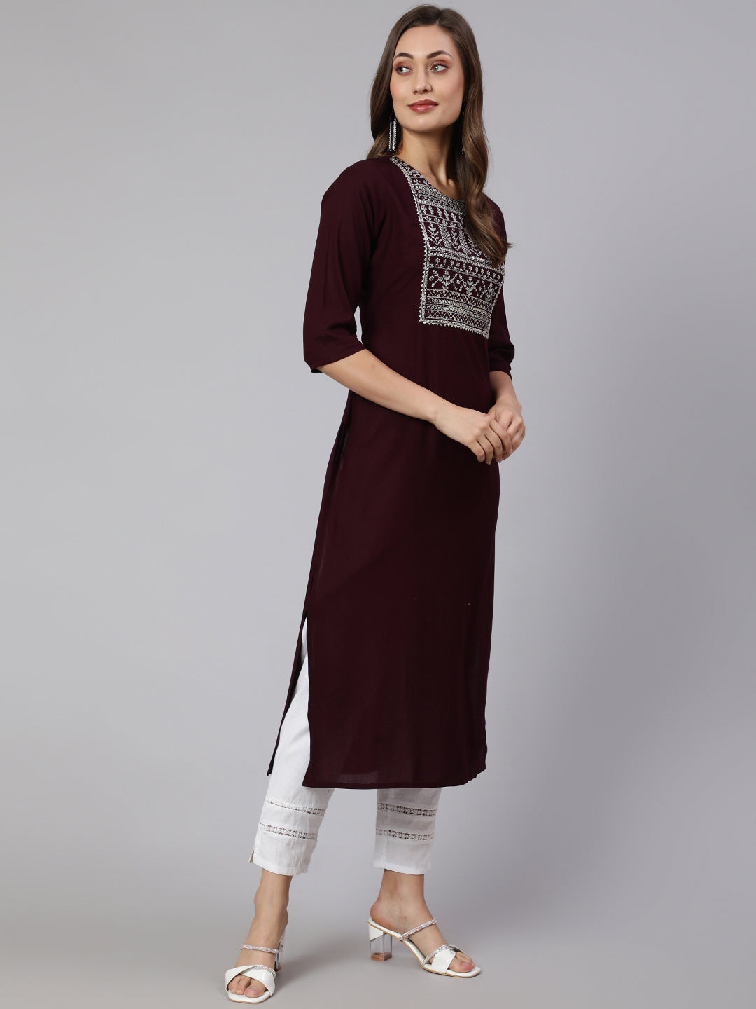 Burgundy Embroidered Straight Kurta With Three Quarter Sleeves