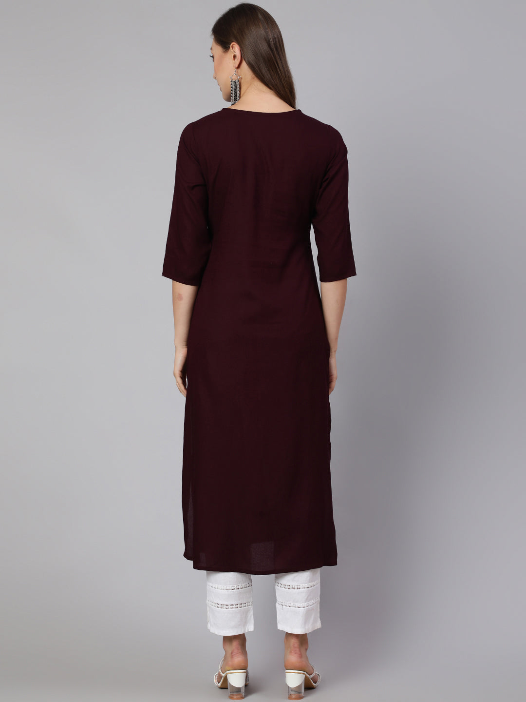 Burgundy Embroidered Straight Kurta With Three Quarter Sleeves
