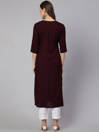 Burgundy Embroidered Straight Kurta With Three Quarter Sleeves