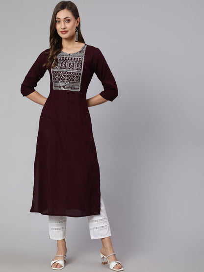Burgundy Embroidered Straight Kurta With Three Quarter Sleeves