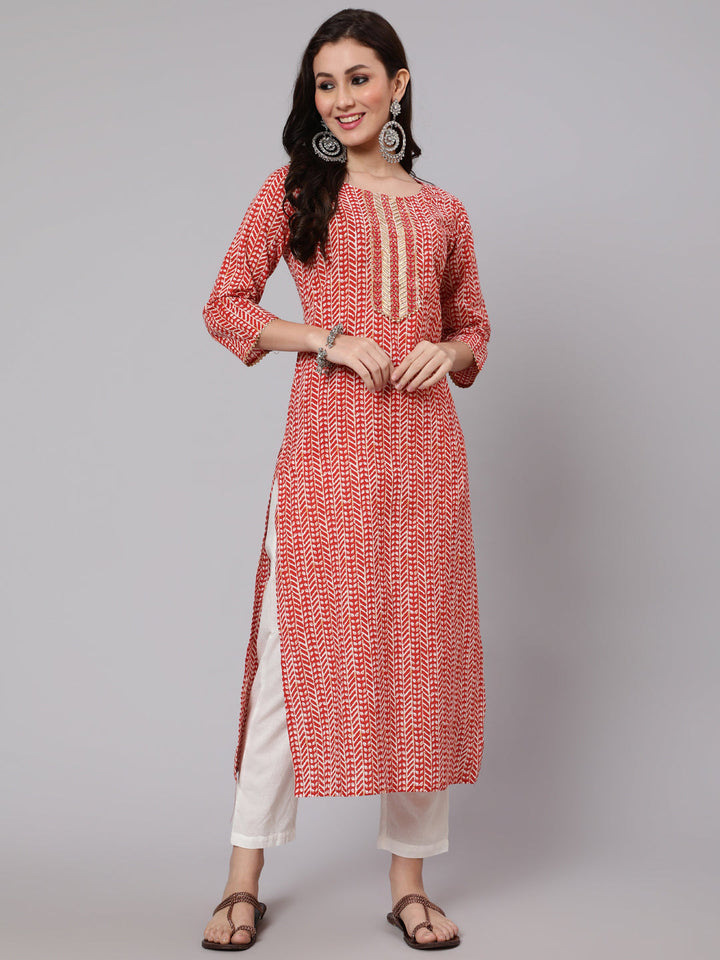 Red Printed Straight Kurta With Thread Work Yoke