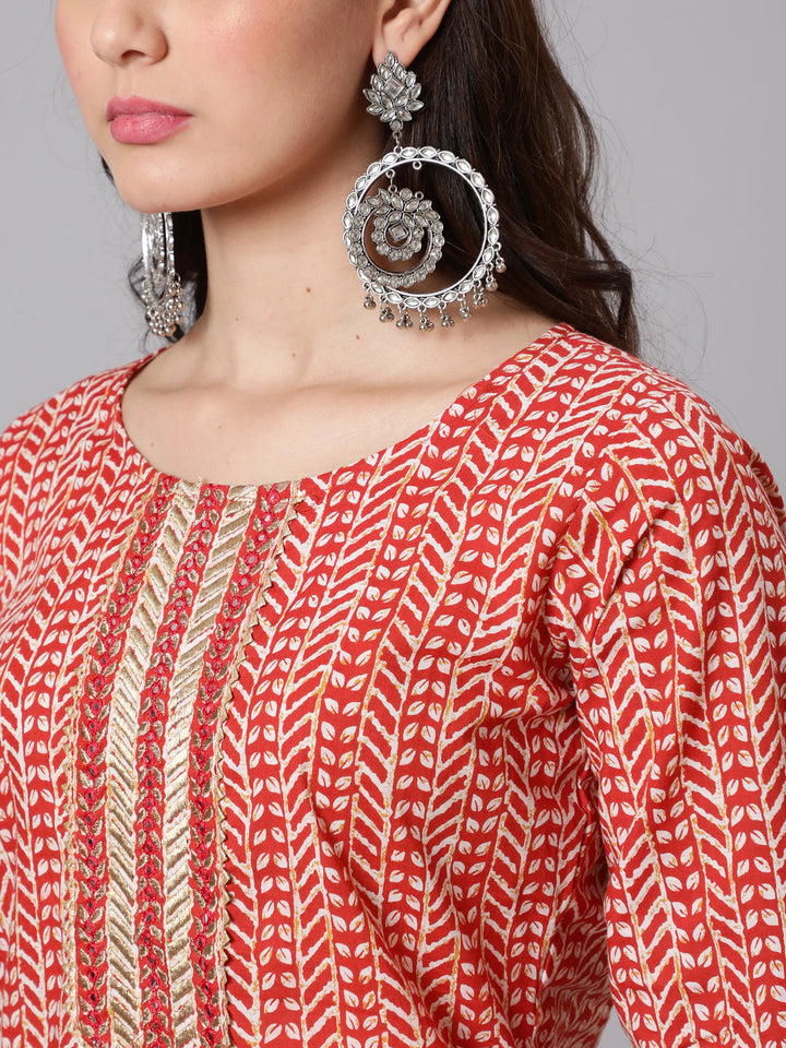 Red Printed Straight Kurta With Thread Work Yoke