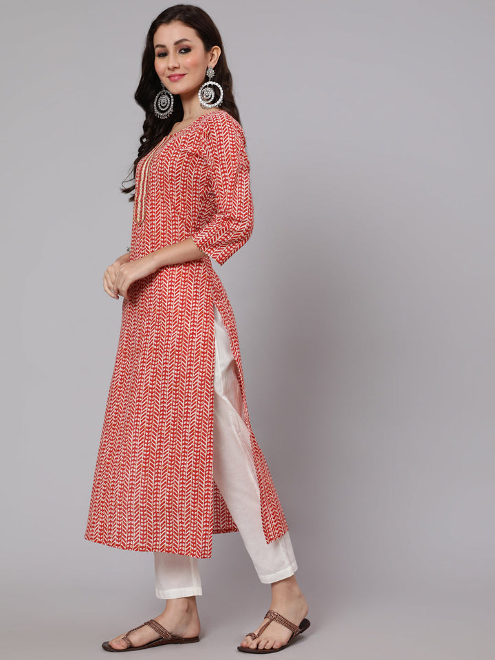 Red Printed Straight Kurta With Thread Work Yoke
