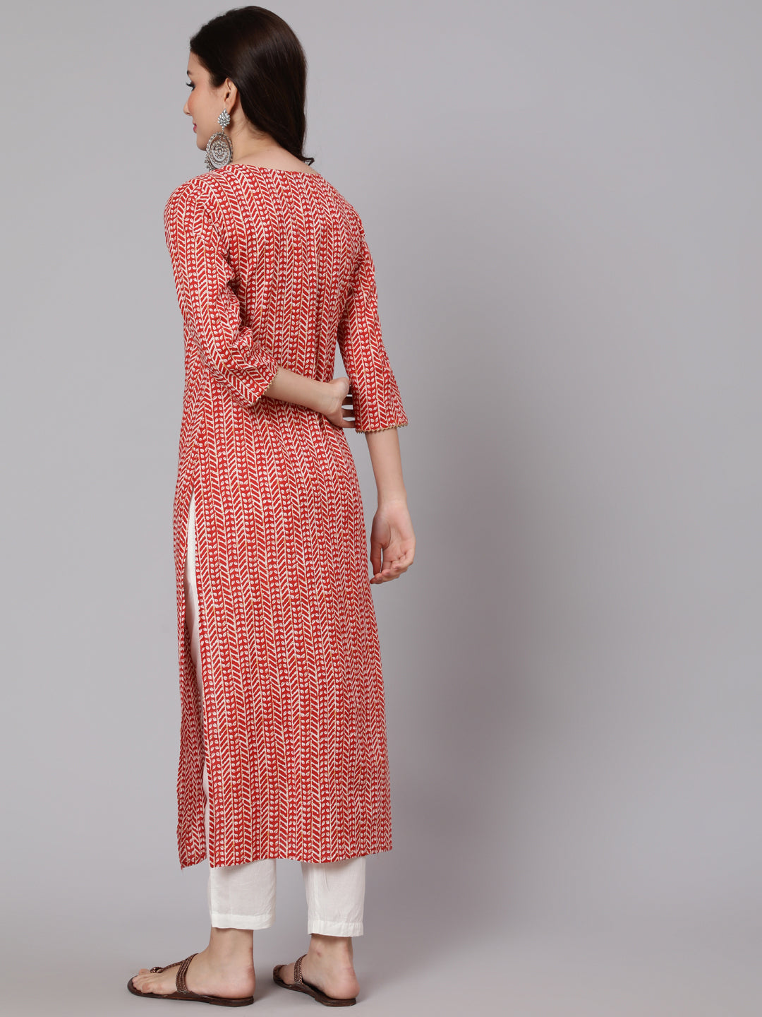 Red Printed Straight Kurta With Thread Work Yoke