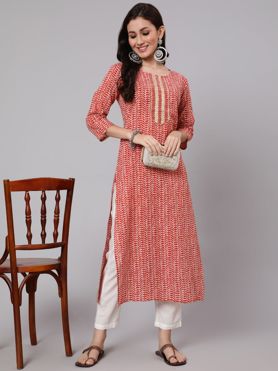 Red Printed Straight Kurta With Thread Work Yoke