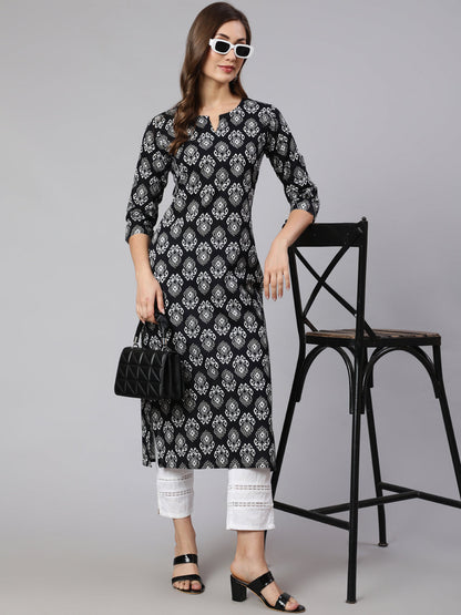 Black Printed Straight Kurta With Three Quarter Sleeves