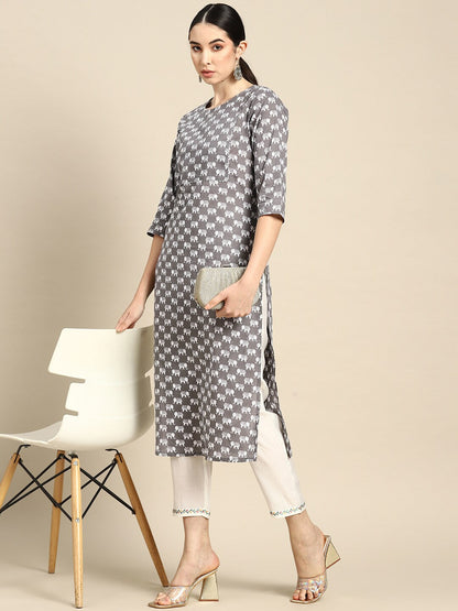 Grey Ethnic Printed Straight Kurta With Three Quarter Sleeves