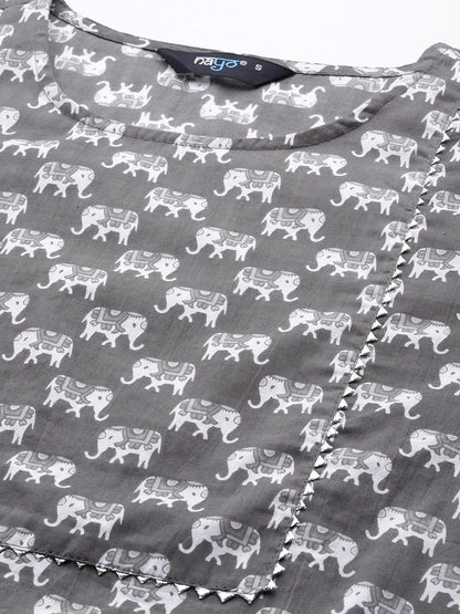 Grey Ethnic Printed Straight Kurta With Three Quarter Sleeves
