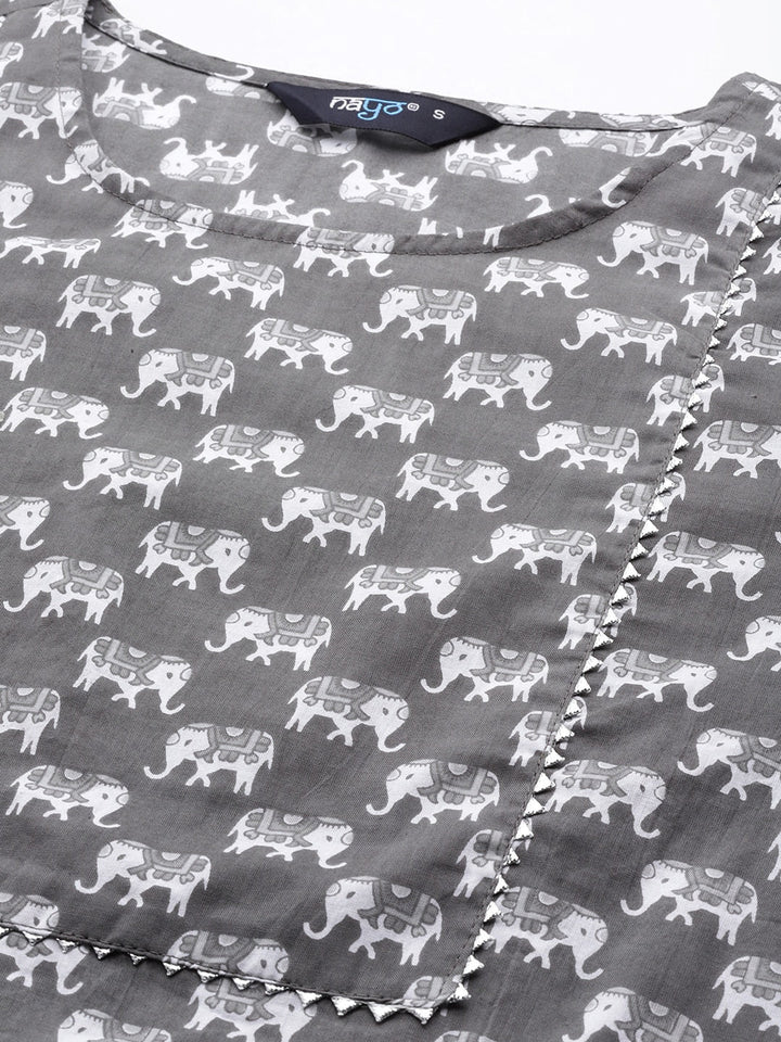 Grey Ethnic Printed Straight Kurta With Three Quarter Sleeves