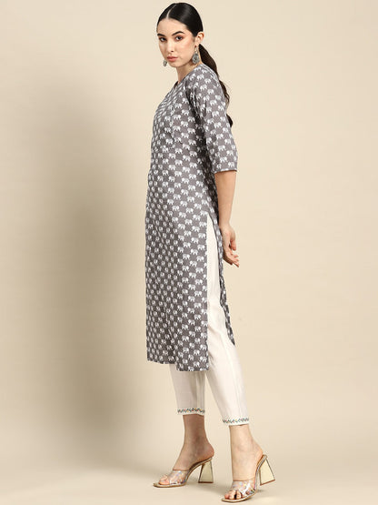 Grey Ethnic Printed Straight Kurta With Three Quarter Sleeves