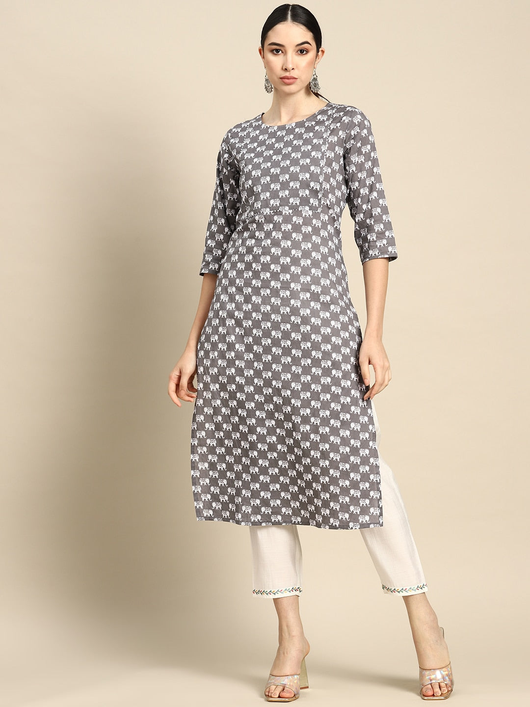Grey Ethnic Printed Straight Kurta With Three Quarter Sleeves