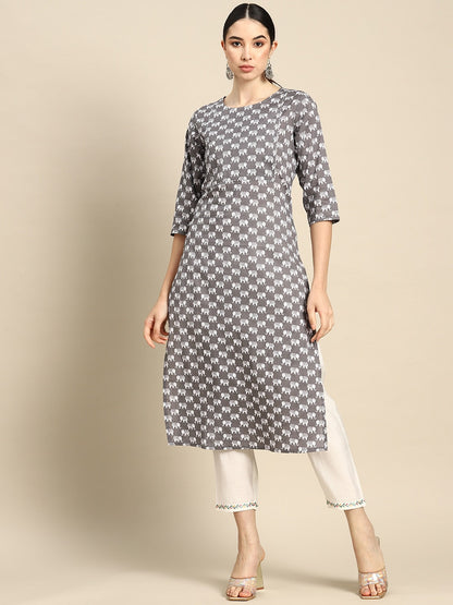 Grey Ethnic Printed Straight Kurta With Three Quarter Sleeves