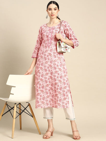 Pink Floral Printed Kurta With Three Quarter Sleeves
