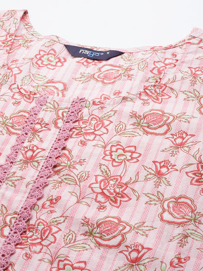 Pink Floral Printed Kurta With Three Quarter Sleeves