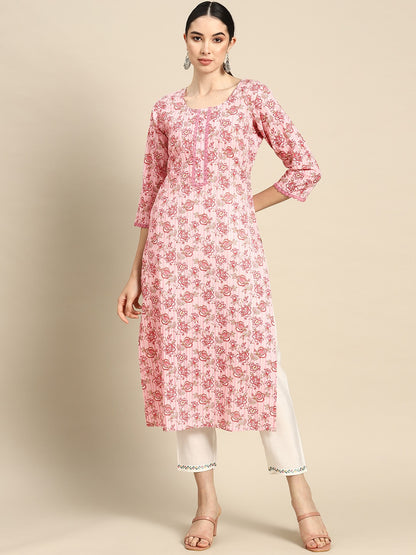 Pink Floral Printed Kurta With Three Quarter Sleeves