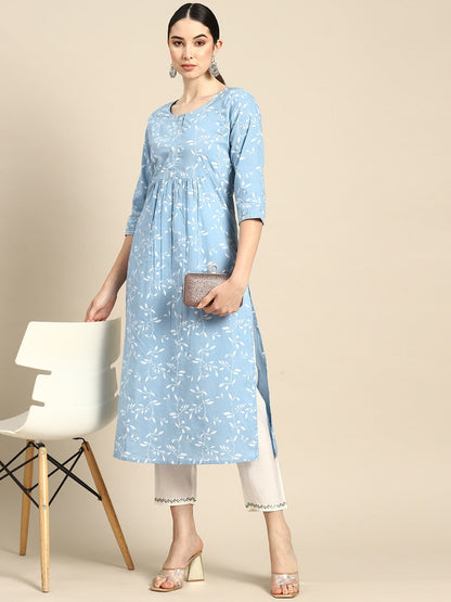 Blue Printed Flared Kurta With Three Quarter Sleeves