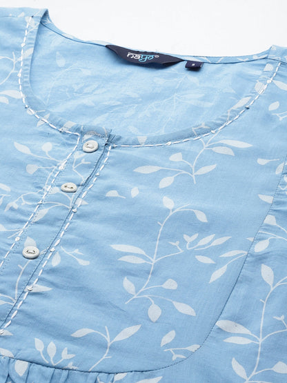 Blue Printed Flared Kurta With Three Quarter Sleeves