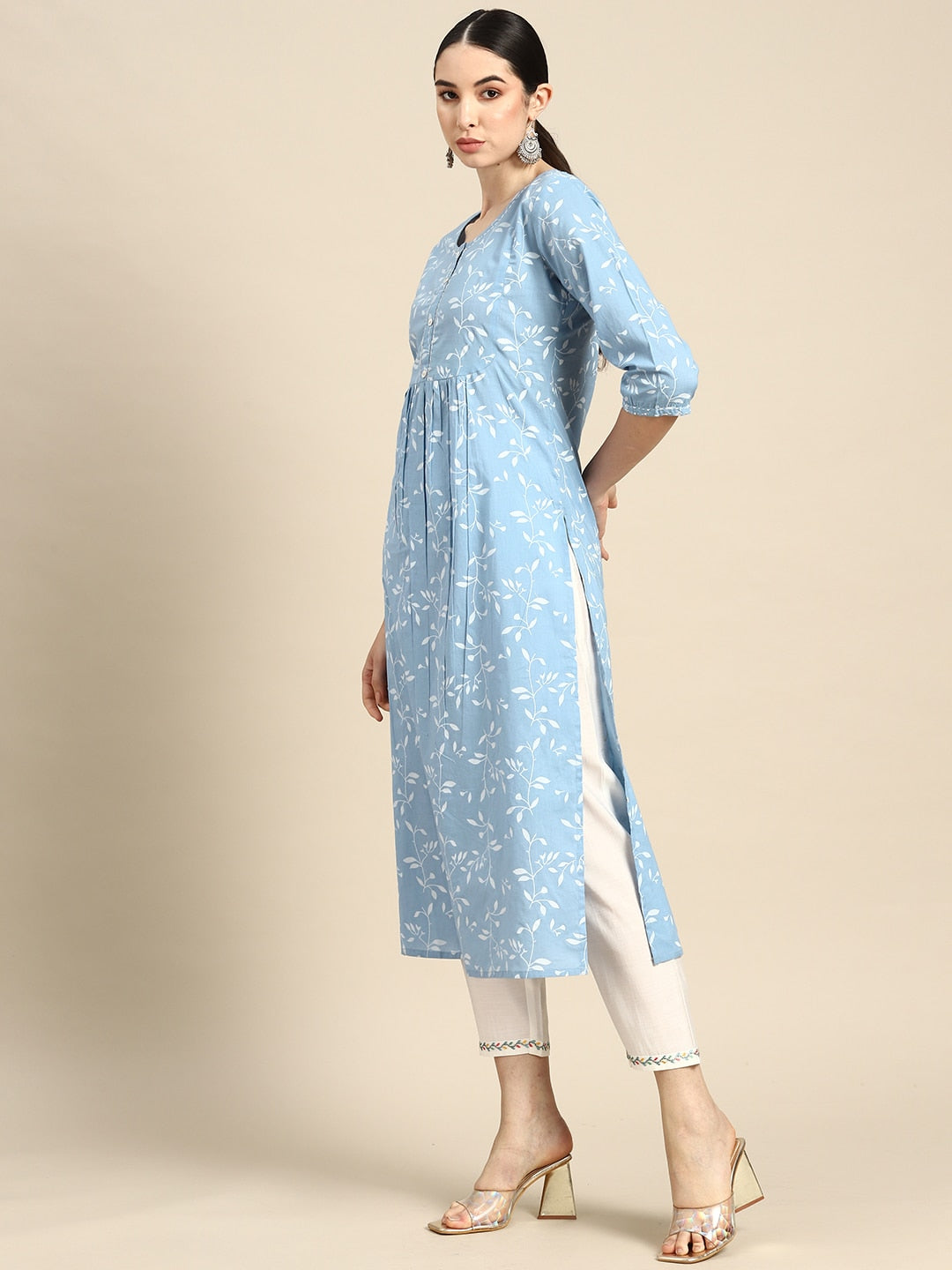 Blue Printed Flared Kurta With Three Quarter Sleeves