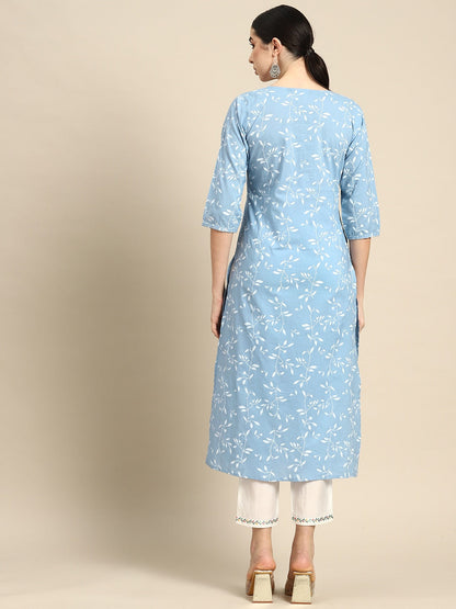 Blue Printed Flared Kurta With Three Quarter Sleeves