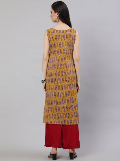 Mustard Printed Straight Sleeveless Kurta